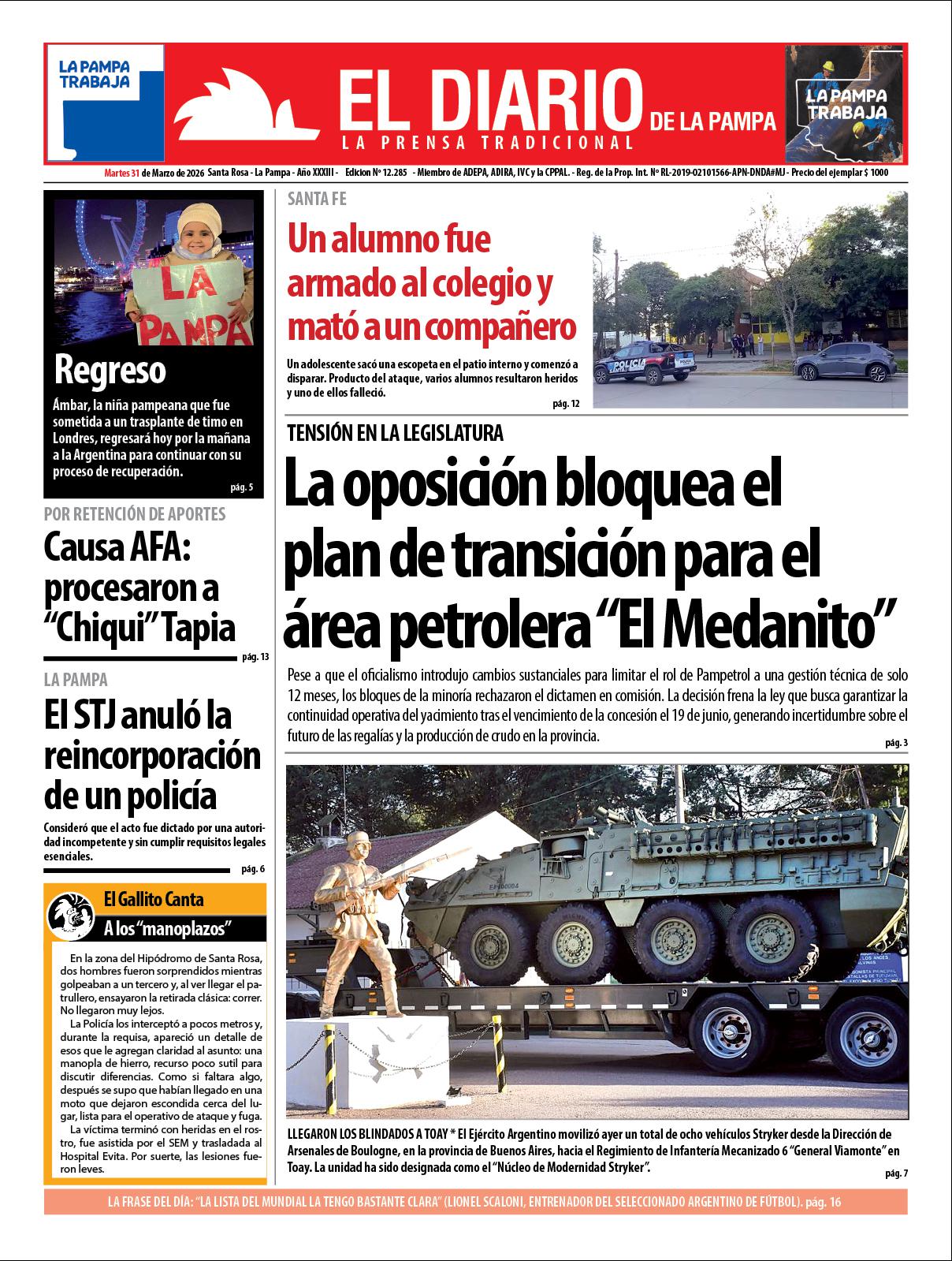 Tapa de El Diario en papel  martes 31 de marzo de 2026